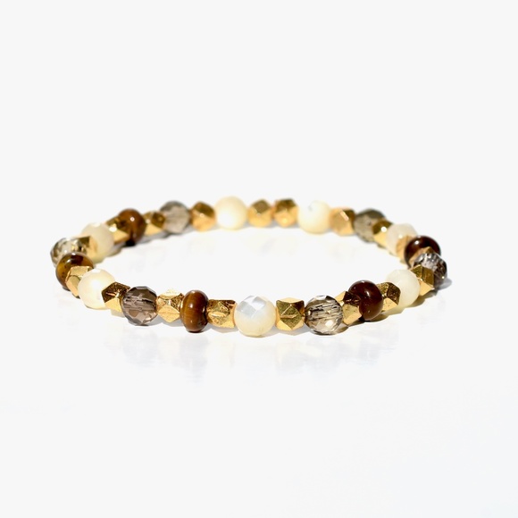 18k Vermeil Set Of Three Tiger Eye and Mother Of Pearl Stretch Bracelet - Picture 2 of 4